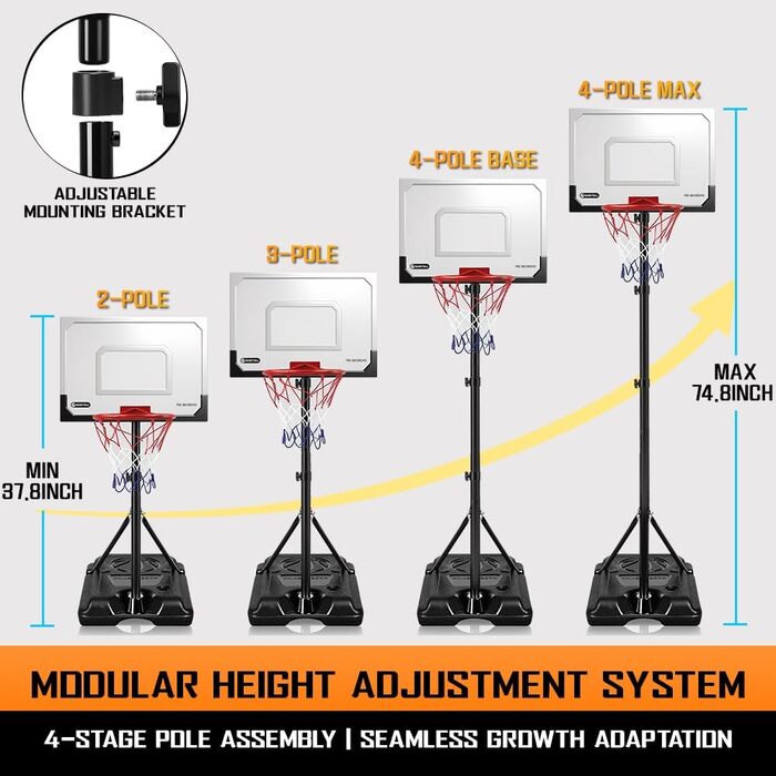 Регульований баскетбольний кошик на стійці для дітей та підлітків, Outdoor/Indoor, Комплект з м'ячем та насосом