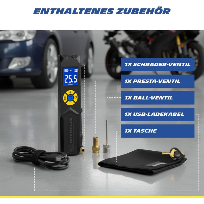 Міні-компресор Michelin Akku 10 Bar – портативний, цифровий | Для авто, велосипеда, електровелосипеда, мотоцикла, кемпера та причепа | 150 PSI, 7.4 V / 2500 mAH | LCD-дисплей, LED-підсвічування