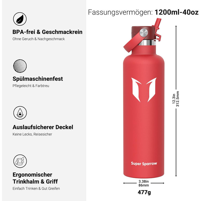 Термофляга Super Sparrow FlipFlow 1.2л сталева з соломинкою, BPA-free - для спорту, подорожей, школи, активного відпочинку (C-Lava)