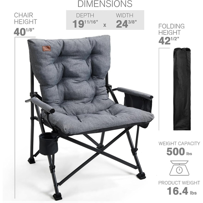 Крісло для кемпінгу EVER ADVANCED, складне, 230 кг, XL, широке сидіння 62 см, з кишенею та тримачем для напоїв, для кемпінгу, відпочинку на природі, балкону, саду