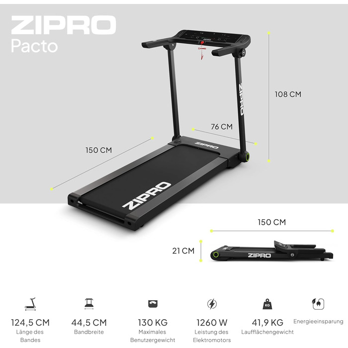 Біговий тренажер ZIPRO для дому, складаний, 1-16 км/год з APP, компактний Walking Pad з Bluetooth та MP3, тихий Walkingpad з LED-дисплеєм (Pacto)