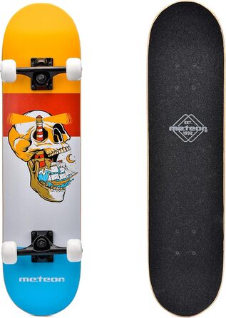 Дитячий дерев'яний скейтборд Meteor SCULL Mini Cruiser для хлопчиків і дівчаток, ретро-стиль, високоякісна дека, роликове дошка