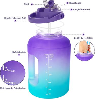 Спортивна пляшка BuildLife 2.5л з міткою часу та двома кришками - без BPA - для спортзалу (2500 мл, фіолетово-блакитний, 2500 мл)