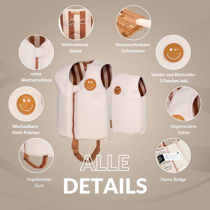 Дитячий жилет для плавання NOARD | Schwimmhilfe з 40+ нашивками для персоналізації | Різні дизайни та розміри | 15–30 кг | 2–6 років | Сертифікований EN 13138-1:2021 для безпечного навчання плаванню | Просто бежевий