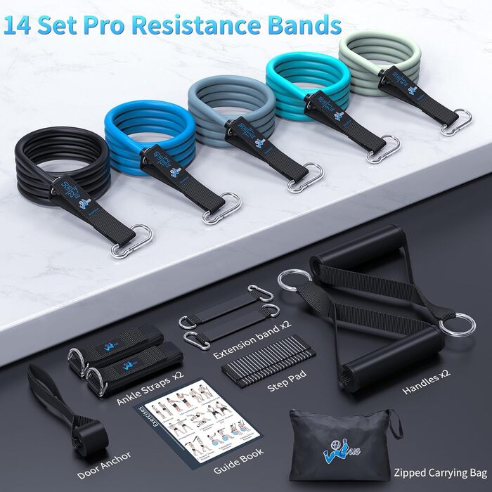 Стрічки для фітнесу Widerstandsbänder: комплект для силових тренувань, 5 еластичних стрічок, дверний анкер, ручки, сумка, для ніг та кісточок