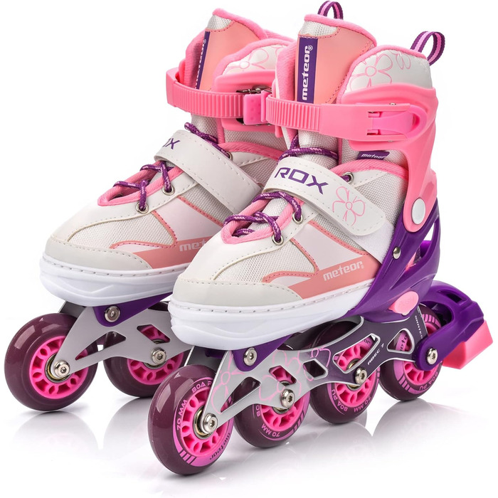 Дитячі ролики Meteor Rox з регулюванням – ролери для дівчаток та хлопчиків, ABEC-7 підшипники, PU-колеса 72 мм, 80A, алюмінієвий фрейм, розміри S30-33, M34-37, L38-41 (рожеві)