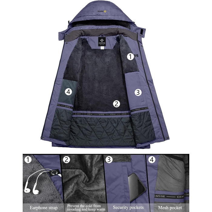 Жіноча лижна куртка GEMYSE: водонепроникна, тепла, вітрозахисна, зимова, сіра, фіолетова, XL