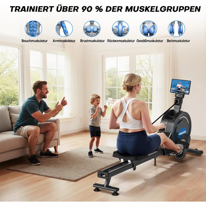 Гребний тренажер DMASUN для дому з магнітною системою опору, 16/32 рівні навантаження, LCD-дисплей, до 160 кг, чорний