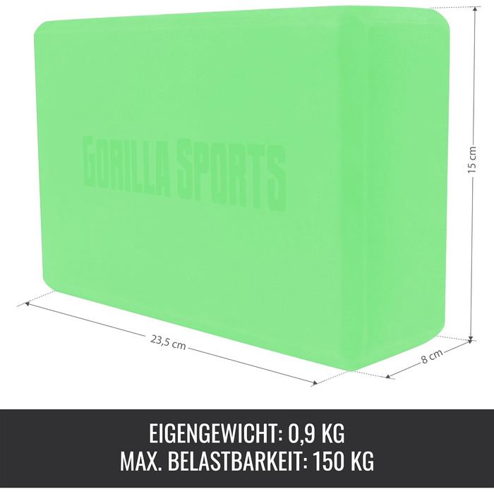 Йога-блок GORILLA SPORTS для йоги та пілатесу, протиковзкий EVA-пінопласт, 23,5 x 15 x 8 см, зелений