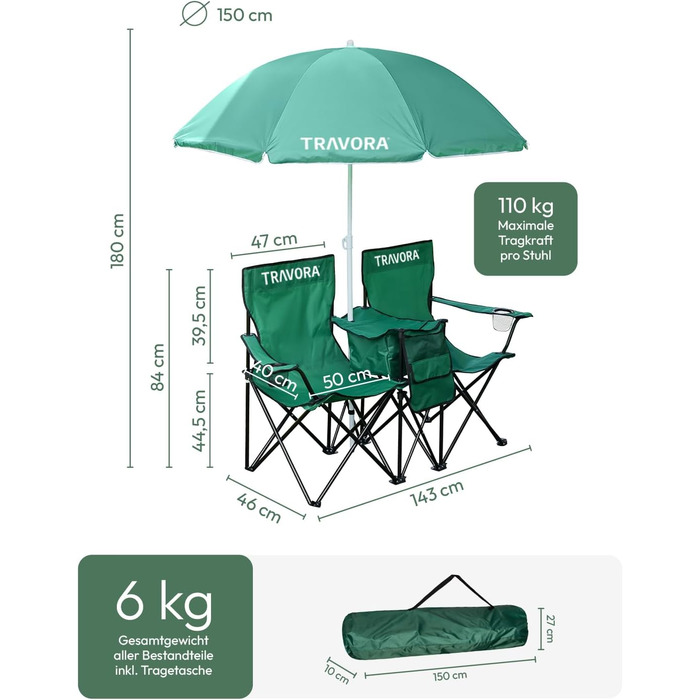 Кемпінговий стул TRAVORA 2 шт. з сонцезахистом та кишенею для охолодження - розкладний стул для відпочинку на природі