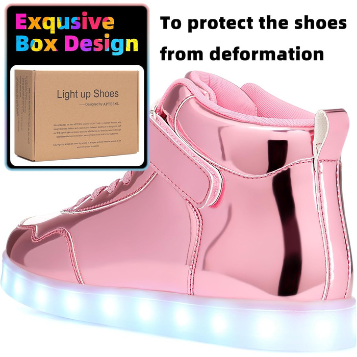 APTESOL Кросівки LED з підсвічуванням High-Top, USB-зарядка, рожеві для жінок та чоловіків (44 EU)