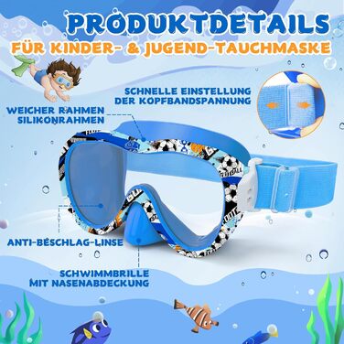 Дитячі окуляри для плавання WAVE Kinder (футбол, блакитні) з антифог покриттям та маскою для снорклінгу, UV-захист