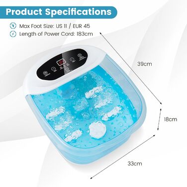 Електрична ванночка для ніг HOMASIS 500W з гідромасажем, підігрівом води 35-46°C, таймером та функцією повітряних бульбашок, синя
