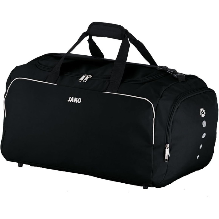 Спортивна сумка JAKO Classico Junior чорна 45x30x30 см для чоловіків, з внутрішньою кишенею, містким основним відділенням на двосторонній блискавці та сітчастою кишенею