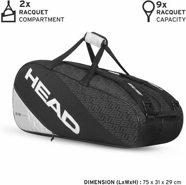 Тенісна сумка HEAD Elite 9R Supercombi Unisex чорно-біла - професійна для ракет та аксесуарів