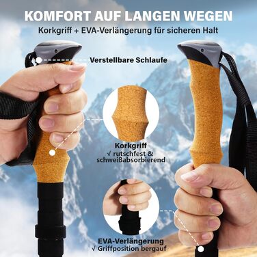 Складані трекінгові палиці для ходьби (2 шт), карбон 3K та алюміній 7050, регульовані 110-135 см, коркова ручка з EVA, сірі