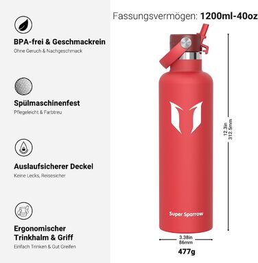 Термофляга Super Sparrow FlipFlow 1.2л сталева з соломинкою, BPA-free - для спорту, подорожей, школи, активного відпочинку (C-Lava)