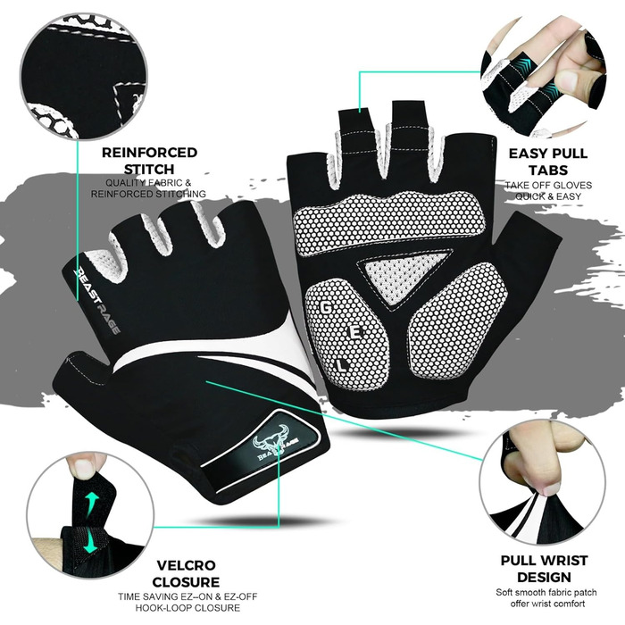 Велосипедні рукавички BEAST RAGE без пальців для жінок та чоловіків, дихаючі, з антиковзною долонею, амортизація, гелеві подушки, для шосе, MTB, маунтінбайкінгу, білі, розмір L
