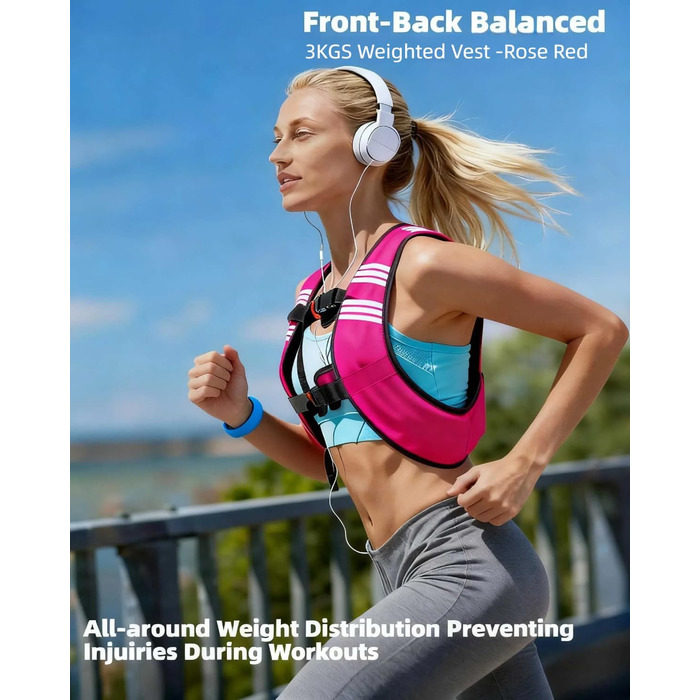Вага для тренувань (3/5 кг) з світловідбиваючими смугами та регульованими ременями, фітнес-вага для силових тренувань, бігу, кардіо та фітнесу (рожевий)