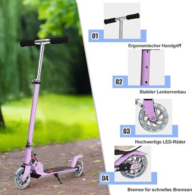 Дитячий ролер COSTWAY з LED-колесами, регульована висота, для дітей від 4 років, до 70 кг, ролер-каталка для хлопчиків та дівчаток (фіолетовий)