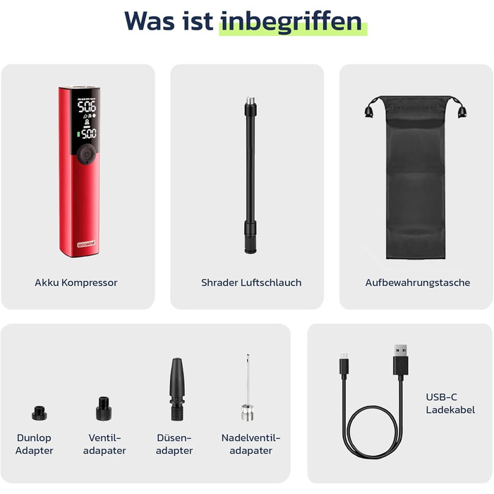 Електрична велосипедна помпа Woowind BP188 з акумулятором, 120-150 PSI, компресор для авто, мотоцикла та велосипеда, сумісна з усіма клапанами