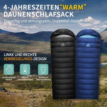 Спальний мішок зимовий Daunenschlafsack: теплий та легкий для дорослих та дітей, 680FP, для походів, альпінізму, кемпінгу. Чорний 0°C (Блакитний -10°C)