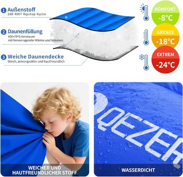 Сплячий мішок QEZER зимовий пуховий для дорослих та дітей, -23°C, для кемпінгу, всі сезони, чорний/сапфіровий