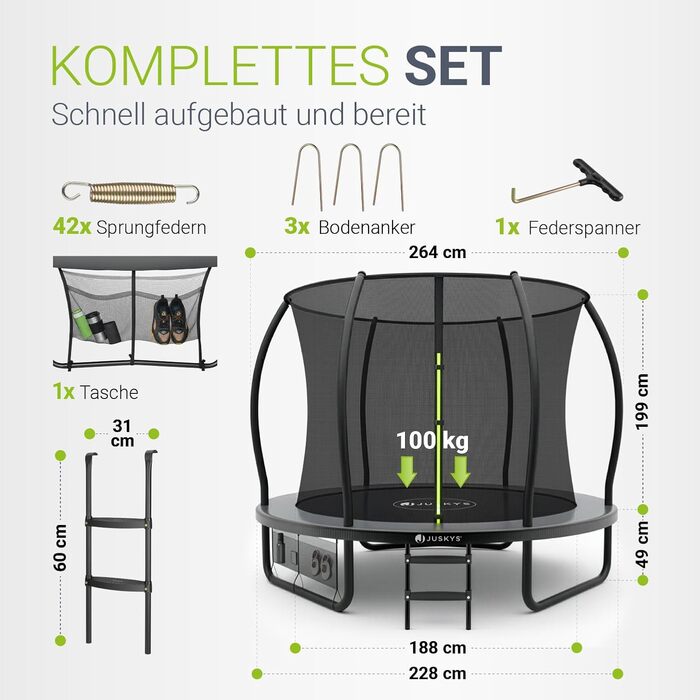 Батут Juskys SkyBounce – Ø 228/305/366 см, Outdoor, з сіткою безпеки, сходами та пружинами PowerSpring