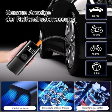 Електричний насос Viafexna 6000mAh, 150 PSI, з манометром для авто, велосипедів, м'ячів, матраців, лампа та Powerbank