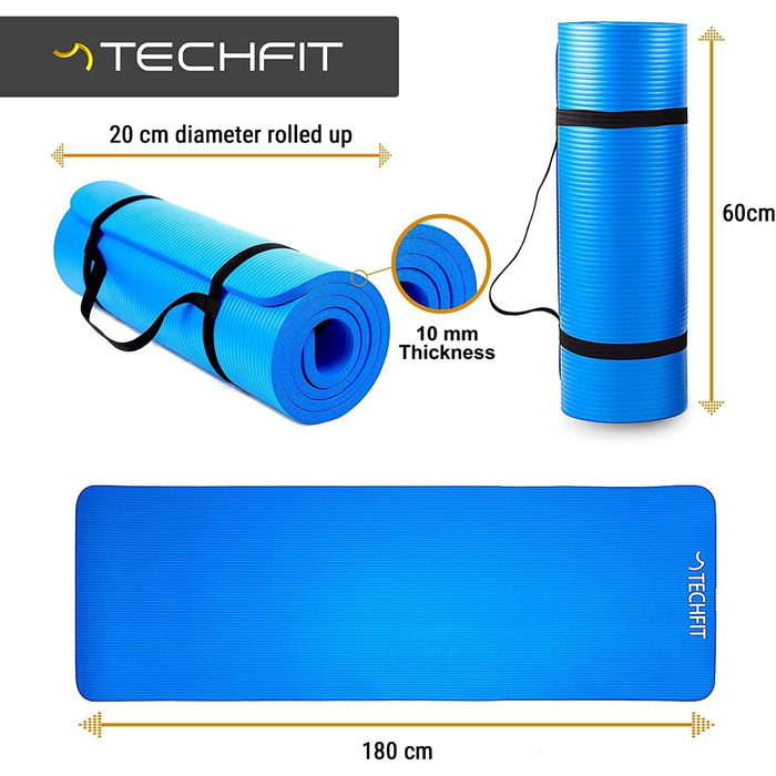 Йога мат TechFit: антиковзаюча, товста (10 мм), для фітнесу, пілатесу, кемпінгу, аеробіки (блакитна)