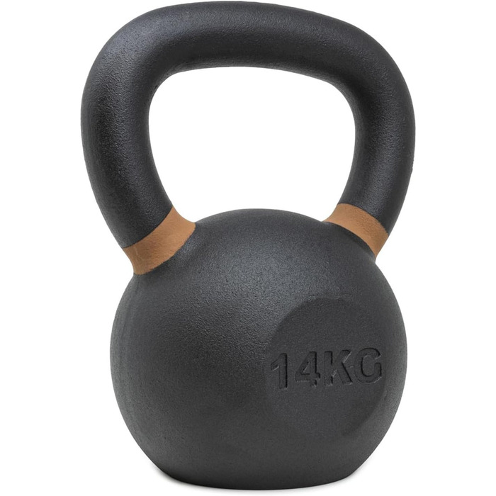 Гиря чавунна Strength Shop 14 кг з ергономічною ручкою, надміцна, з кольоровим маркуванням ваги та чорним порошковим покриттям, для функціонального тренування всього тіла