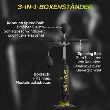 Стенд для боксу SPORTNOW Boxstand з двома мішенями Speedballs, поворотна штанга, килимок для ударів, регульована висота, сталь, 107 x 36 x 140-205 см, чорний