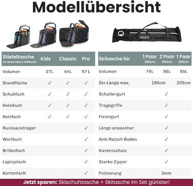 Набір для перевезення лиж та черевиків Otaro: містка сумка для 1-2 пар лиж (до 205 см) та сумка для черевиків, водонепроникна, міцна, з регульованою довжиною та м'яким плечовим ременем, зелена