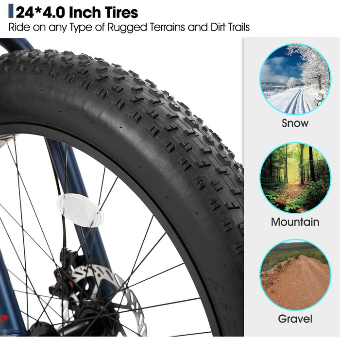 Гірський велосипед Hiland Fat Tire 24/26 дюймів для хлопчиків і дівчат, 7-ступеневий, дві дискові гальма, для пляжу та снігу