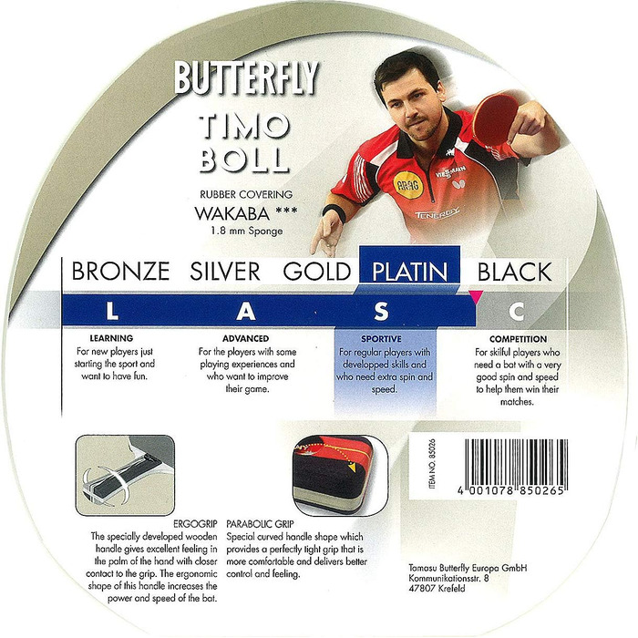 Ракетка для настільного тенісу Butterfly Timo Boll Platin 85025 професійна, ITTF сертифіковане покриття Pan Asia, анатомічна ручка