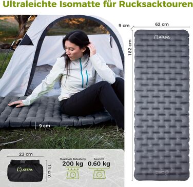 ATEPA ThermAir Ultraleichte Isomatte: Каремат для кемпінгу та хайкінгу, 6 R-value, 9 см, 183x64 см (Сірий)
