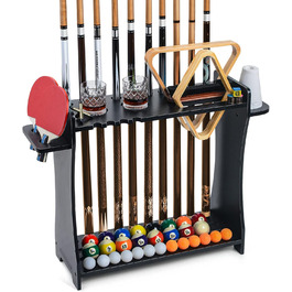 Підставка для бильків XCSOURCE 2-в-1: для бильків та шатків для пінг-понгу. Масивна дерев'яна підставка на підлозі, вміщує 9 бильків. Комплект з м'ячиками, аксесуари для більярду та пінг-понгу. Чорний колір.