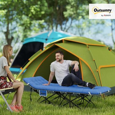 Ліжко кемпінгове розкладне Outsunny з матрацом, подушкою та бічними кишенями 185x68x37 см, до 150 кг, блакитне - для дому, саду, подорожей