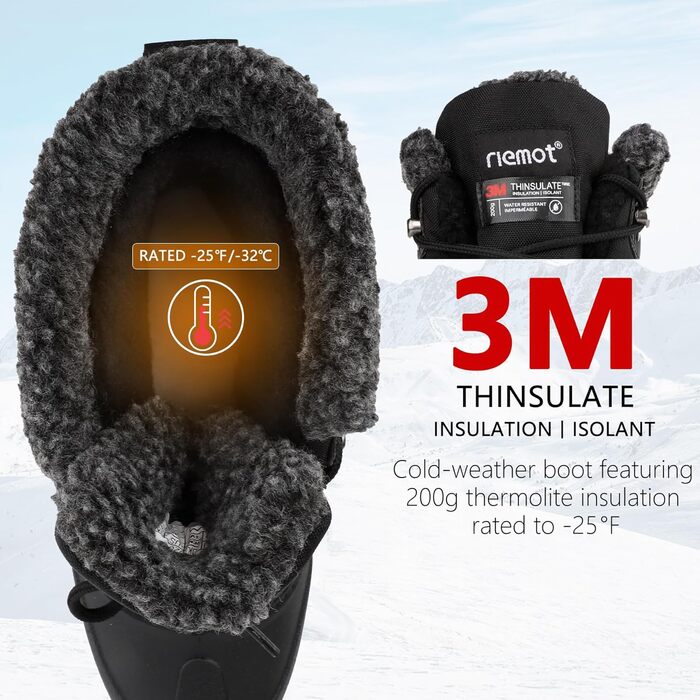 Водонепроникні зимові черевики Riemot для жінок та чоловіків. Теплі, з підкладкою, антиковзні, легкі. Ідеальні для походів, трекінгу, роботи, катання на лижах та активного відпочинку взимку. Розміри EU 36-47. Чорний колір. Нові.