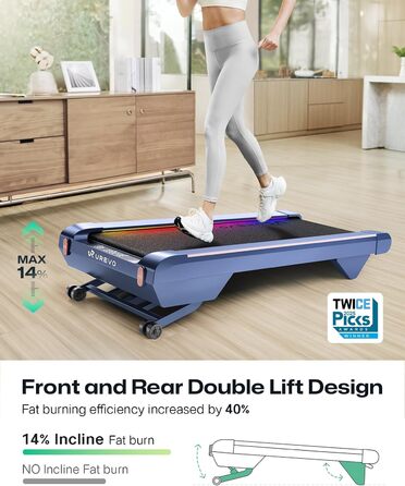 Бігова доріжка UREVO Smart Walking Pad з нахилом 14% для дому, підстільна, розширена бігова поверхня, LED-пульт, тиха безщіткова, швидкісне підсвічування, синій колір