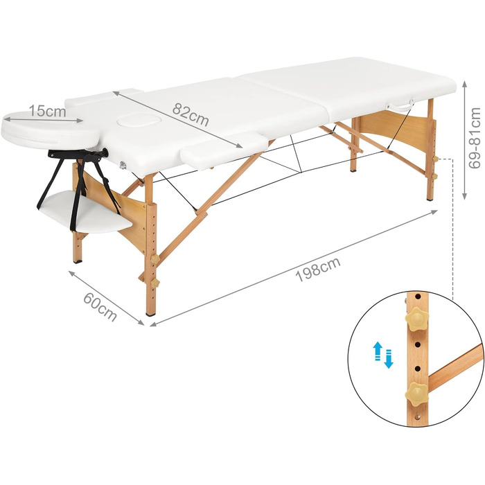 Масажне ліжко Mondeer з 2 зонами, регульована висота, складане, з дерева, для салону краси, з підголовником та підлокітниками (біле)
