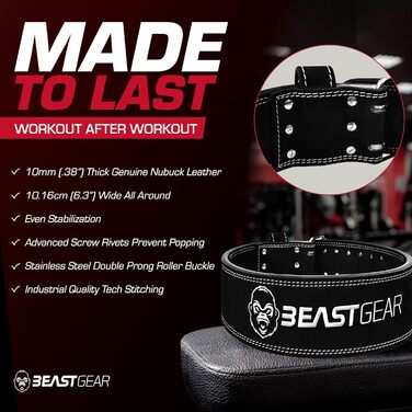Пояс для пауерліфтингу Beast Gear PowerBelt, преміум, нубукова шкіра, 10 мм, 10,2 см, подвійна пряжка, XL, чорний