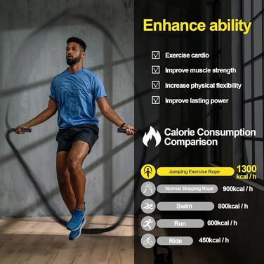 Важкий скакальний трос для дорослих, для фітнесу та нарощування м'язів, довгий, чорний, 0,5 кг