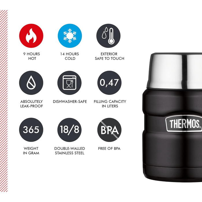 Термос STAINLESS KING для їжі чорний матовий 0,47л - нержавіюча сталь, герметичний, зберігає тепло 9 годин та холод 14 годин, з відкидним ложкою, BPA-free