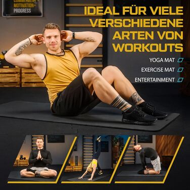 TREX SPORT Килимок для гімнастики та фітнесу | Товстий та м'який, 190x80x1 см, з ручкою для перенесення, чорний | Килимок для йоги з антиковзаючим покриттям