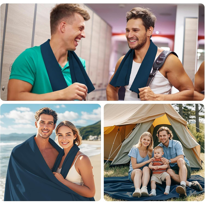 Набір з 3 рушників з мікрофібри: великий 200x100 см та 2 маленькі 80x40 см, швидковисихаючі, для спорту, подорожей, басейну та пляжу (темно-синій)