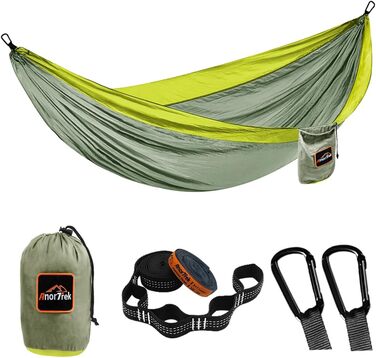Гамак Anortrek Outdoor для відпочинку на природі, 280x140 см, місткість до 249 кг, ультралегкий, з ременями для дерев, дихаючий нейлон, для кемпінгу, подорожей, туризму, саду, армійний зелений/жовтий