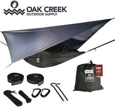 Гамак туристичний Oak Creek з москітною сіткою та тентом - комплект для кемпінгу, походів, подорожей (1.8 кг, зелено-сірий)