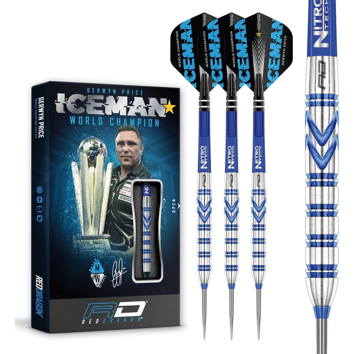 Дротики для дартсу RED DRAGON Gerwyn Price Iceman Originals, вольфрамові, 24 г, з крилами та стрижнями