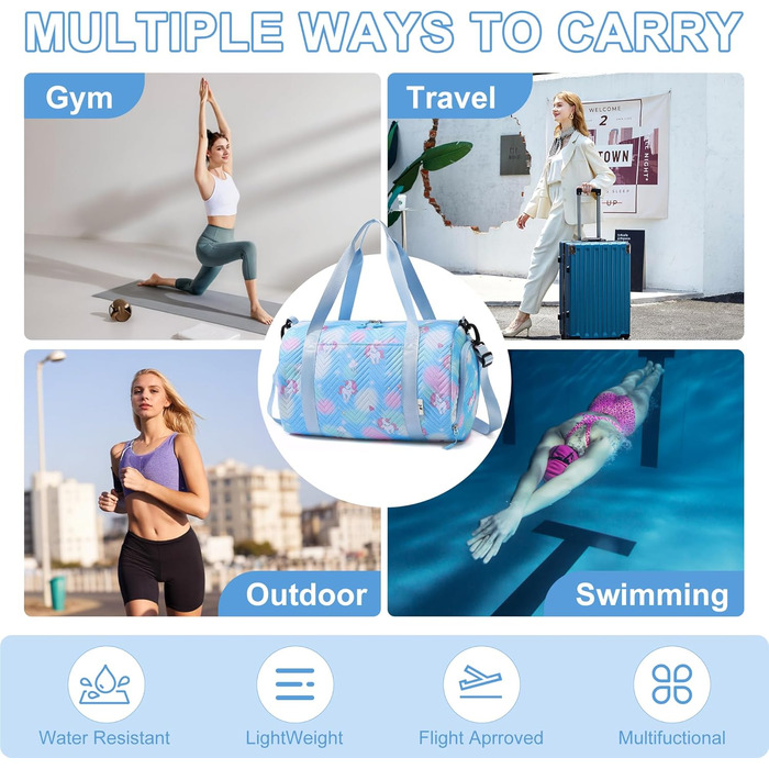 Спортивна сумка для дівчаток з єдинорогом, водонепроникна, з відділенням для взуття та мокрих речей, маленька сумочка для подорожей, фітнесу, школи, спорту (Блакитна)